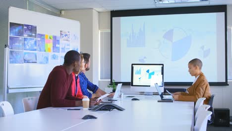 Mixed-race-business-colleagues-discussing-over-computer-in-modern-office-4k