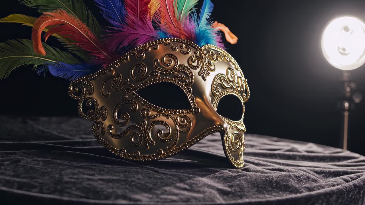 Primo piano di una maschera veneziana ornata con piume colorate, su uno sfondo scuro