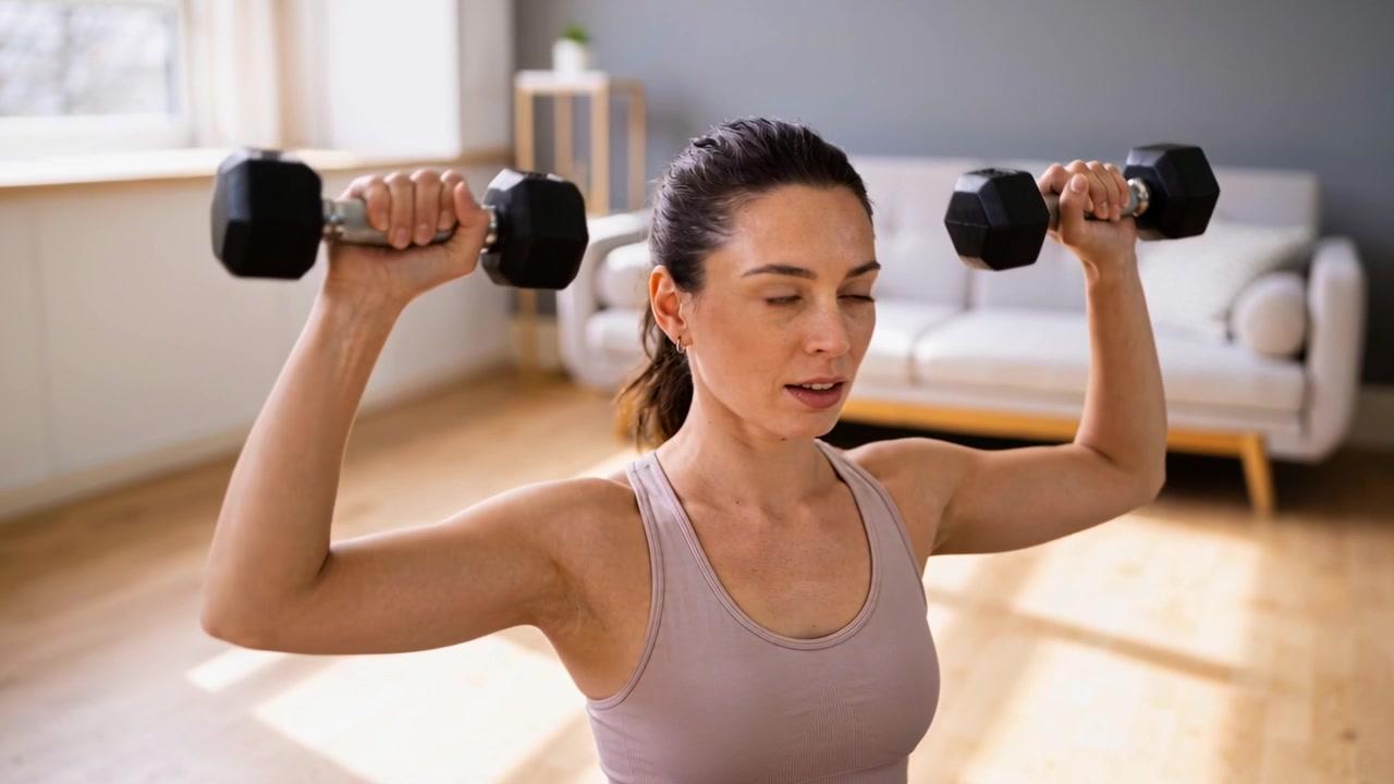 Starting woman wearing mauve tank top pressing hex dumbbells up at home for shoulder strength