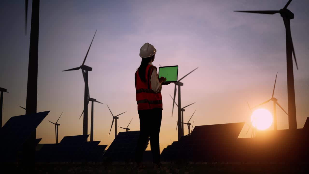 vista trasera completa del cuerpo de una ingeniera asiática con casco de pie frente a las turbinas eólicas que giran al atardecer, trabajando en una computadora portátil de pantalla verde y mirando a su alrededor