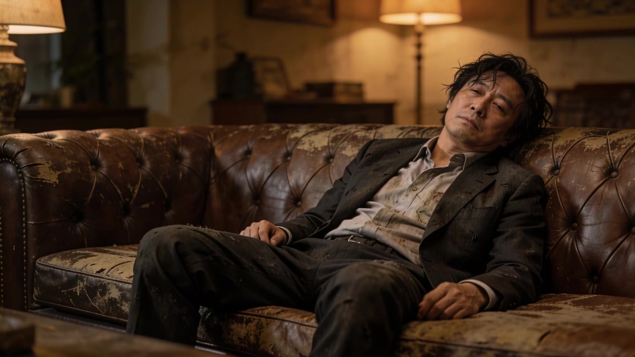 Waking man in rumpled jacket lifting head opening eyes after dozing on sofa in living room