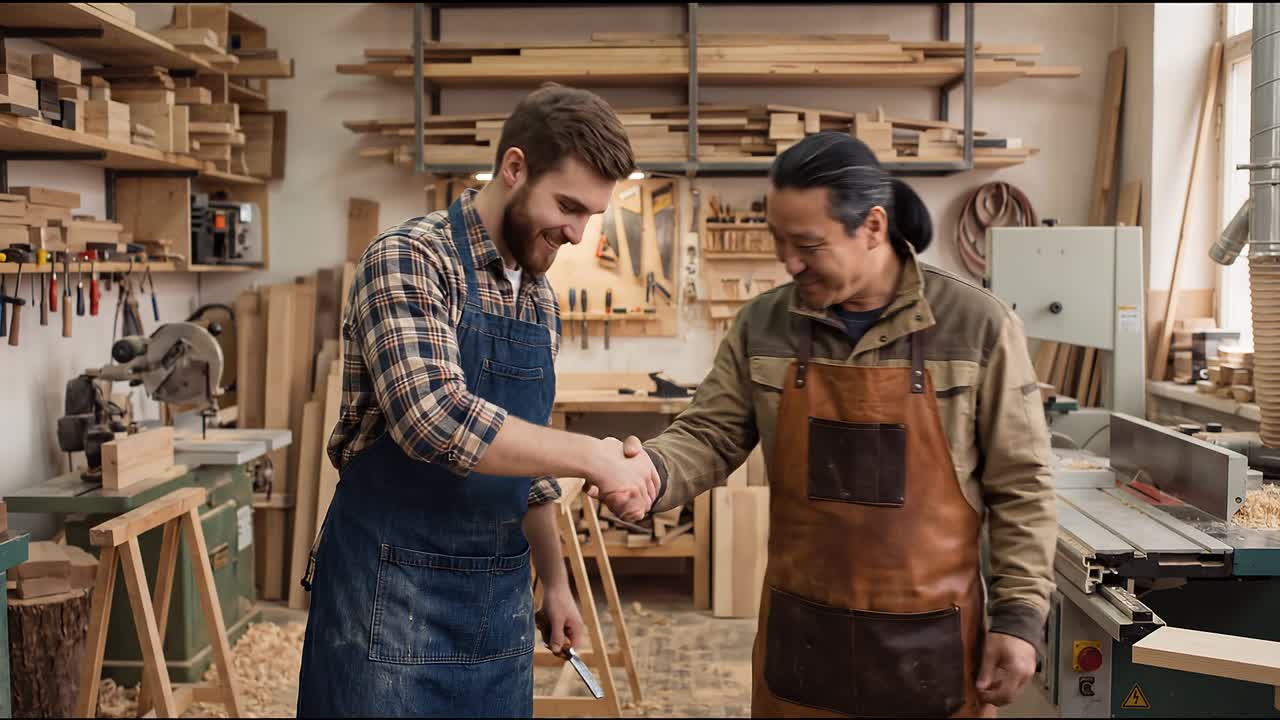 Two craftsmen shaking hands in carpentry workshop symbolizing partnership and skilled trade collaboration