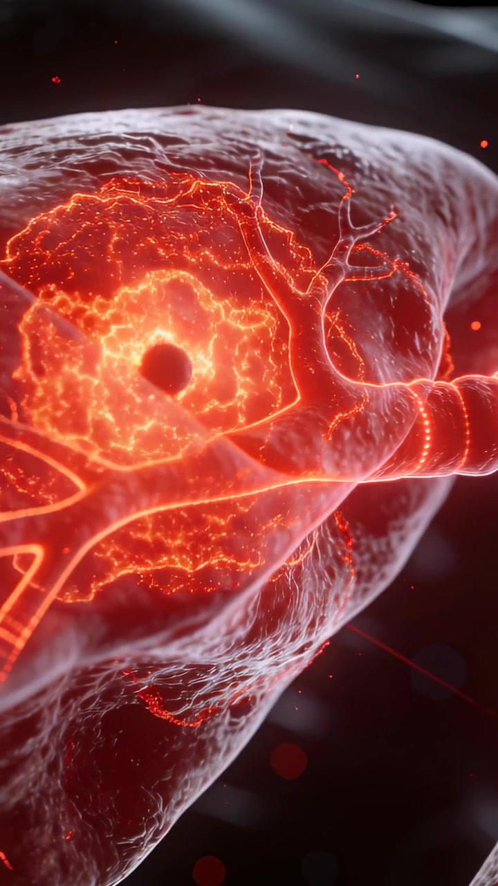 Video verticale: Nucleo luminoso che spinge micro-tessuti a pulsare in vasi e un tubo mostrando scintille