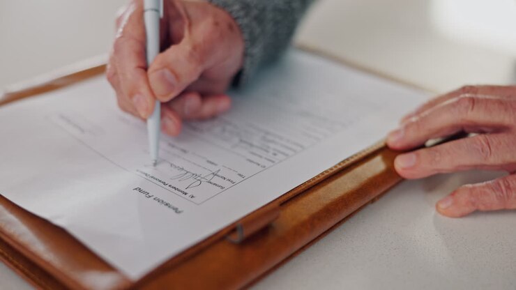 Documento, mani e persona anziana che firma