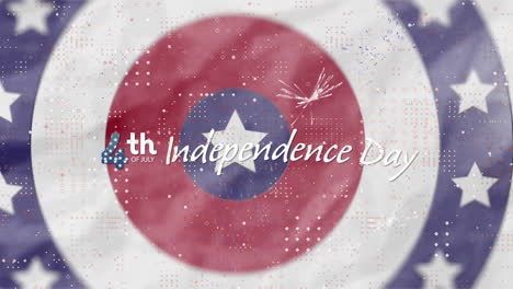 animation of independence day text over american flag stars and coloured on circles
