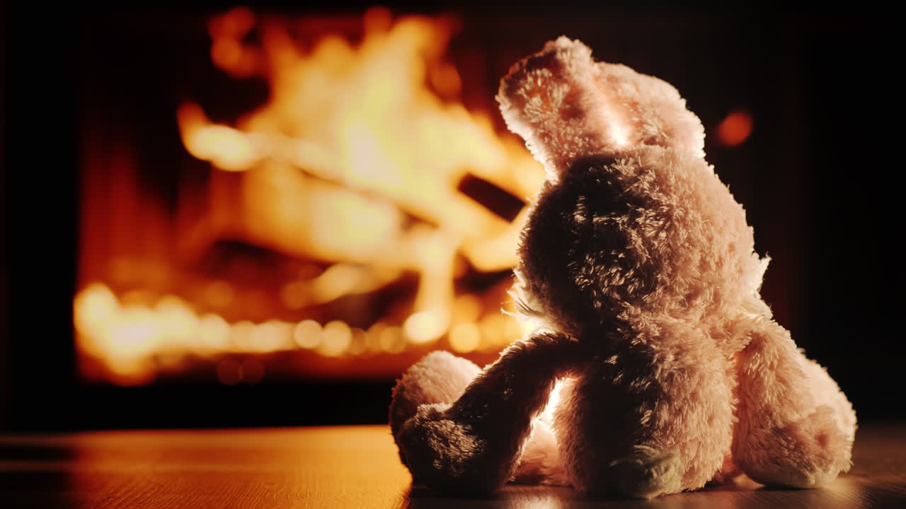 외로운 플러시 토끼는 벽난로 삽입물의 불을 존경합니다.