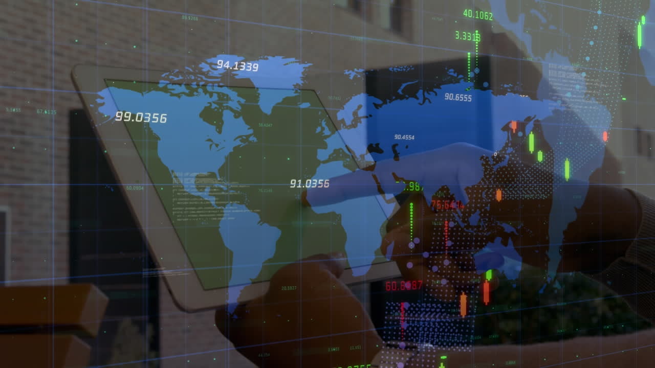 animación del procesamiento de estadísticas y el mapa del mundo sobre el empresario utilizando una tableta con pantalla verde