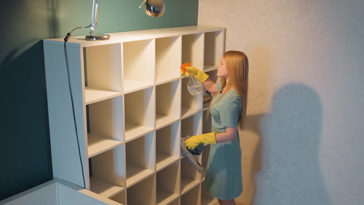 Woman cleaning house shelf cubbies, wearing yellow gloves and blue dress, methodically wiping empty compartments, evening lamp glow, minimalist interior, homeowner arranging and dusting, peaceful