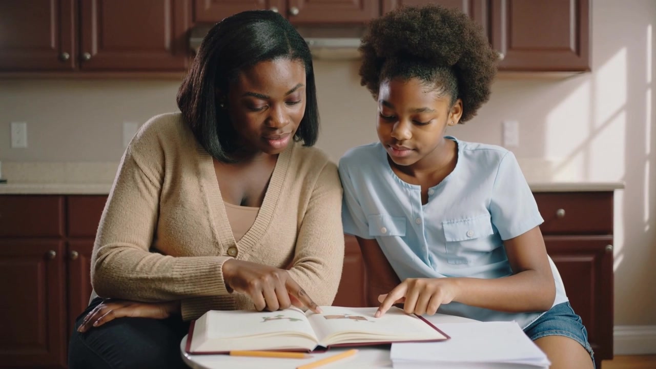 Pointing woman in cardigan guiding girl in blue blouse through homework at kitchen table with book