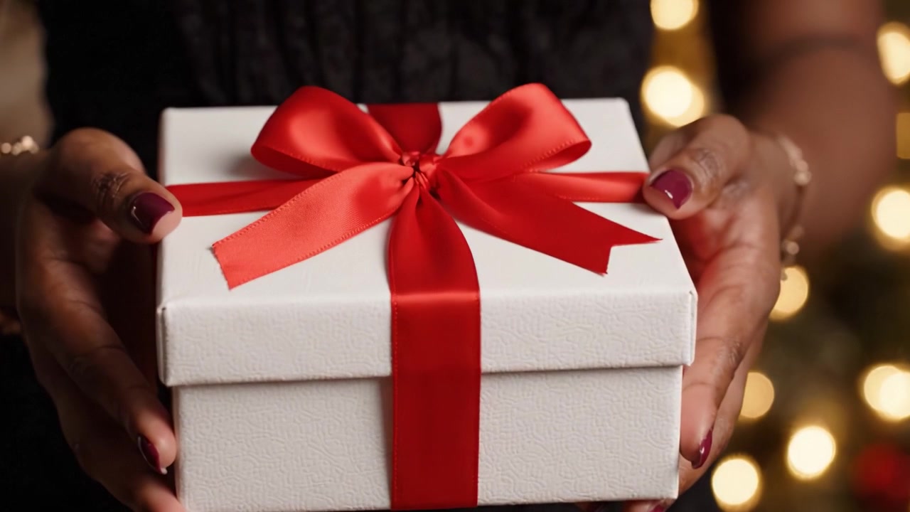A Beautifully Wrapped Gift with a Red Bow Presented by Hands in a Softly Lit Setting, Creating a Warm and Inviting Atmosphere for Special Occasions or Celebrations