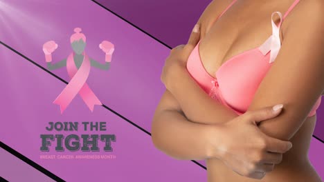 Animation-of-breast-cancer-awareness-month-text-with-white-ribbon-on-woman-in-pink-bra