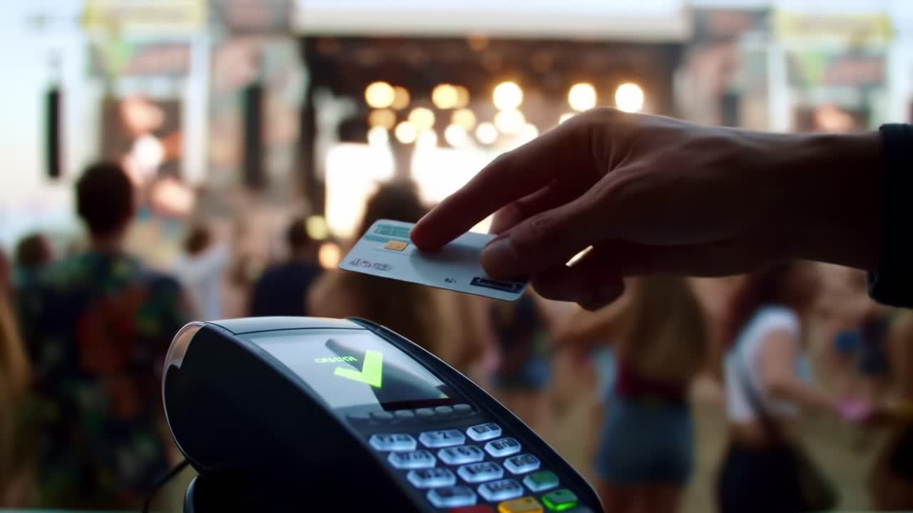 An Engaging View of a Live Music Event with a Payment Terminal in the Foreground, Highlighting the Intersection of Technology and Entertainment at a Festival Atmosphere.