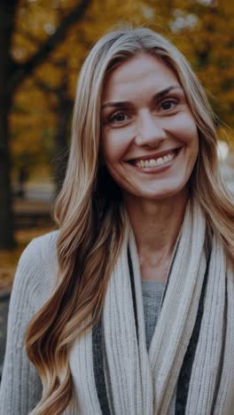 blonde woman displaying six distinct facial expressions, radiating diverse emotions while wearing autumn hued clothing amid golden park foliage during sunny day