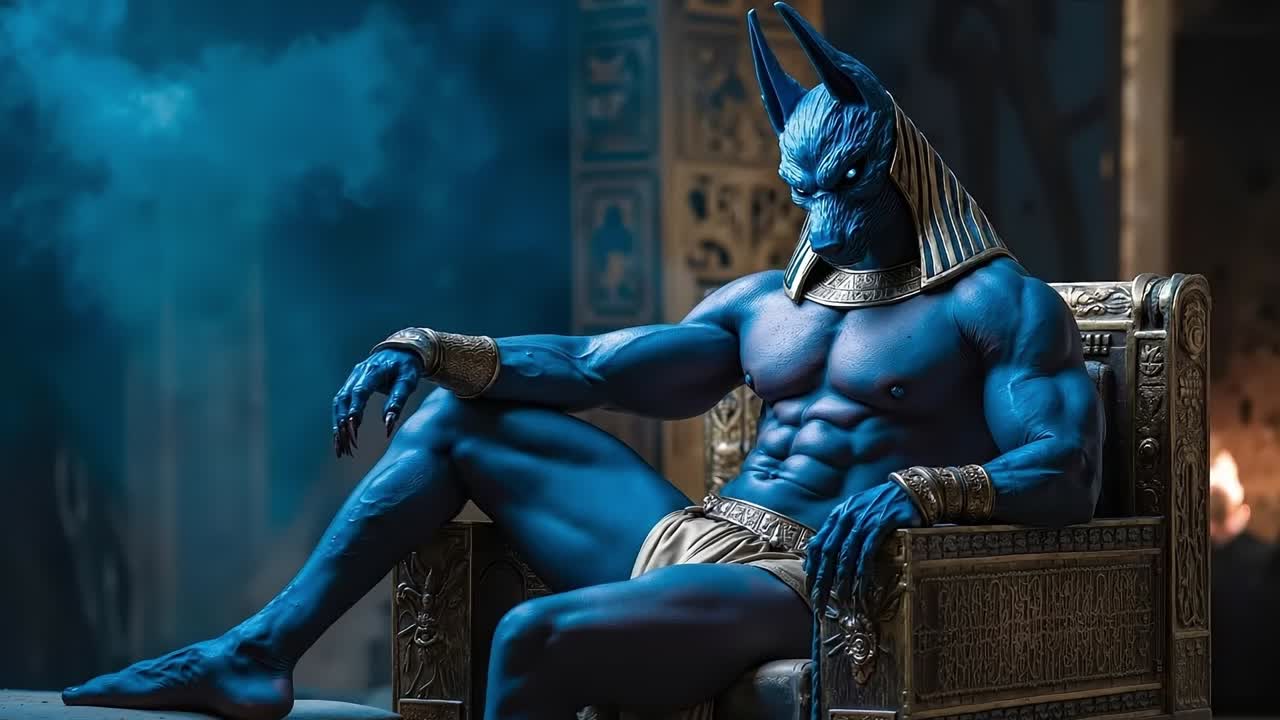 A statue of anubis sitting on a throne in a dark room