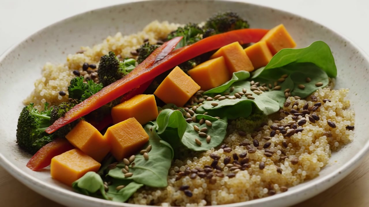 Bol de quinoa avec courge rôtie et épinards. Dressé par un cuisinier amateur, lumière naturelle vive, lanières de poivron rouge.