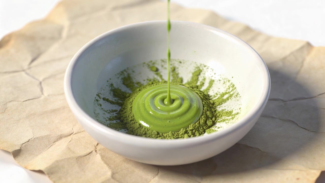 Fluxo sendo derramado de cima em uma tigela de cerâmica branca sobre papel kraft amassado, pó de matcha formando uma pasta.