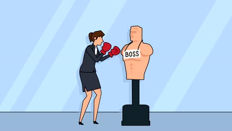 flat cartoon businesswoman character boxing with boss doll animation