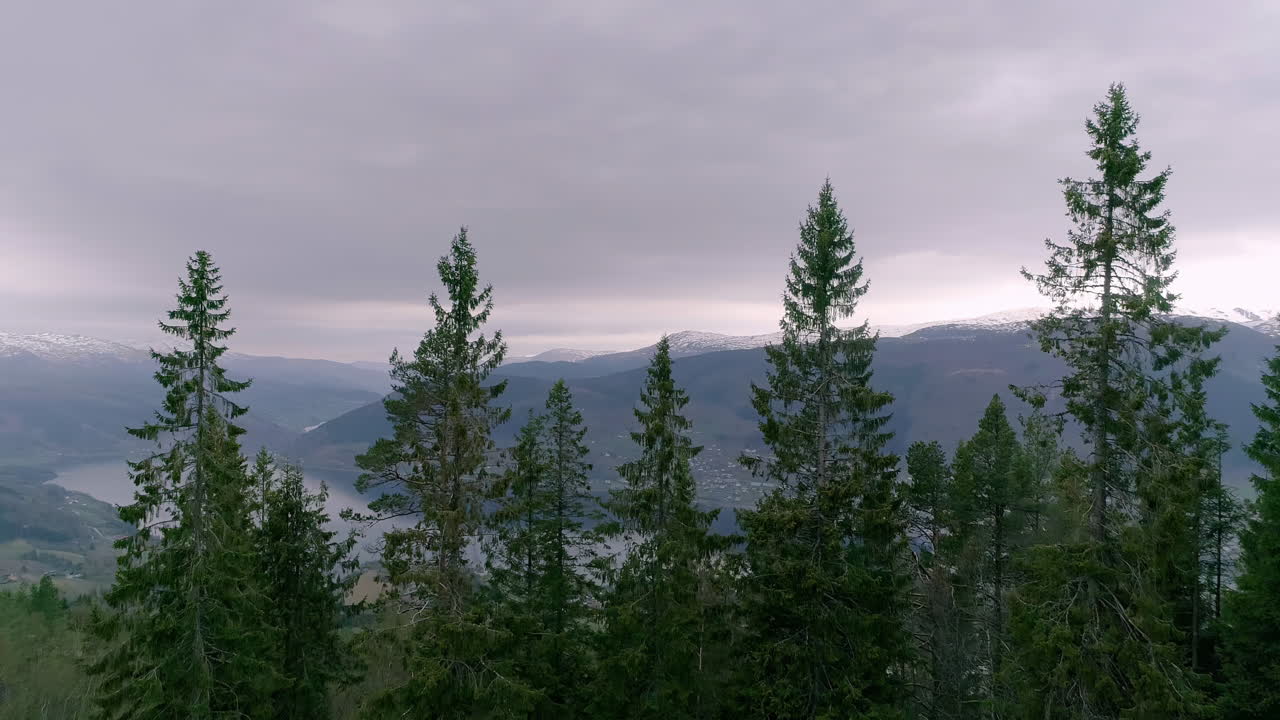 toma aérea de camiones de nubes oscuras y paisaje místico en noruega con fiordo