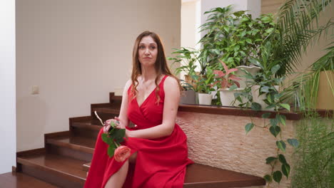 happy woman with rose sits on bench in hallway. smiling lady in red gown holding fresh flower waits for fiancee in theater lobby. romantic date