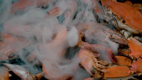 group of steaming hot blue crabs and large shrimp in pile