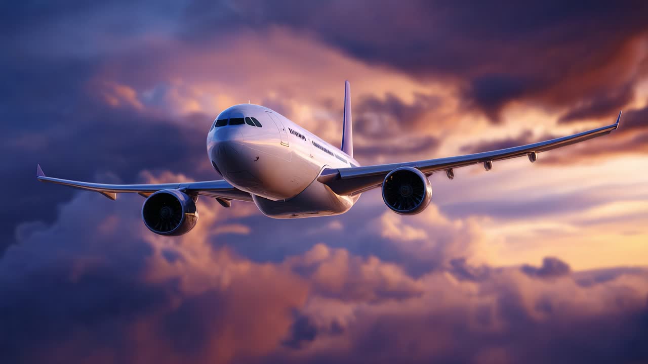Splendida veduta aerea di un aereo commerciale che solca le nuvole al tramonto, catturando la bellezza dell'aviazione nel cielo
