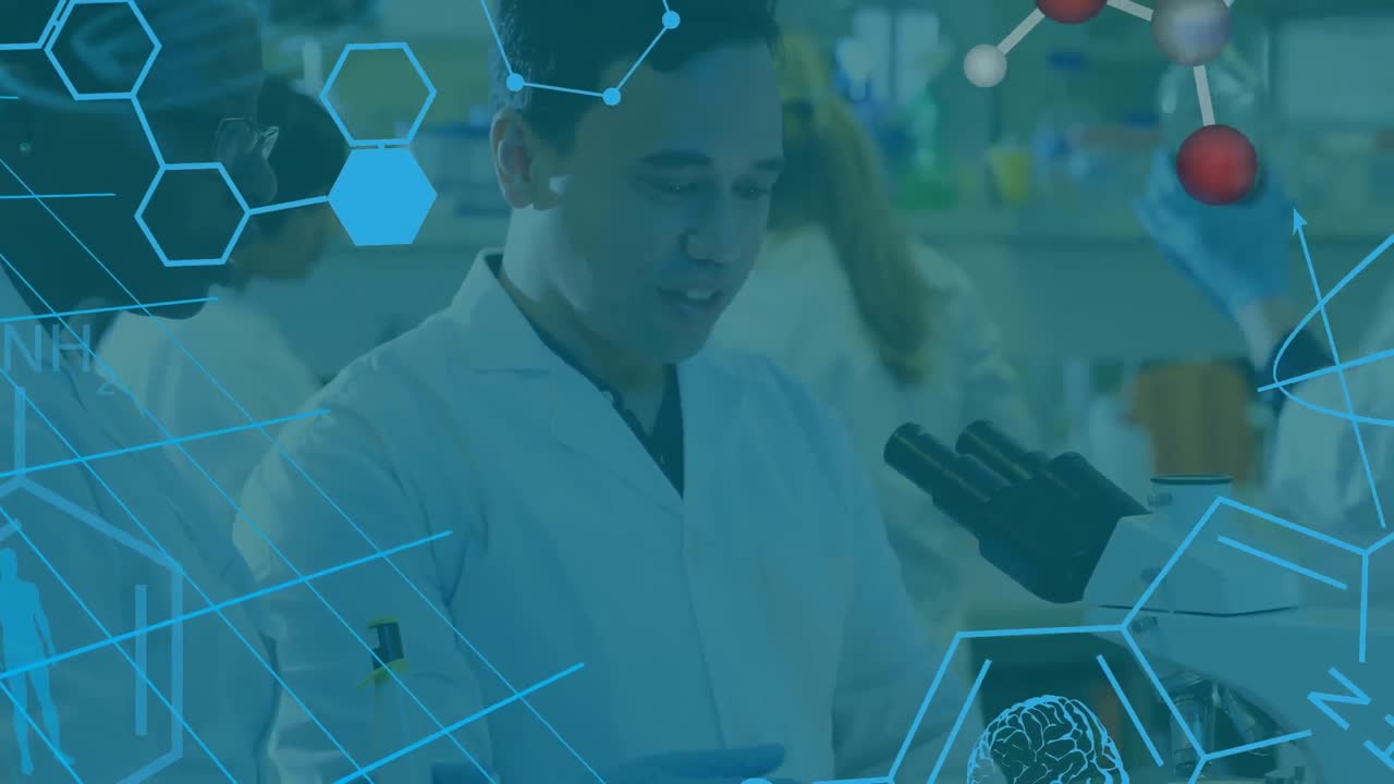 animazione della struttura chimica su diversi scienziati maschi e femmine utilizzando il microscopio in laboratorio