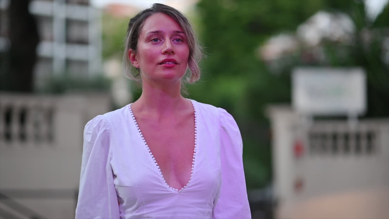 Mulher de vestido branco posando em Cannes, França
