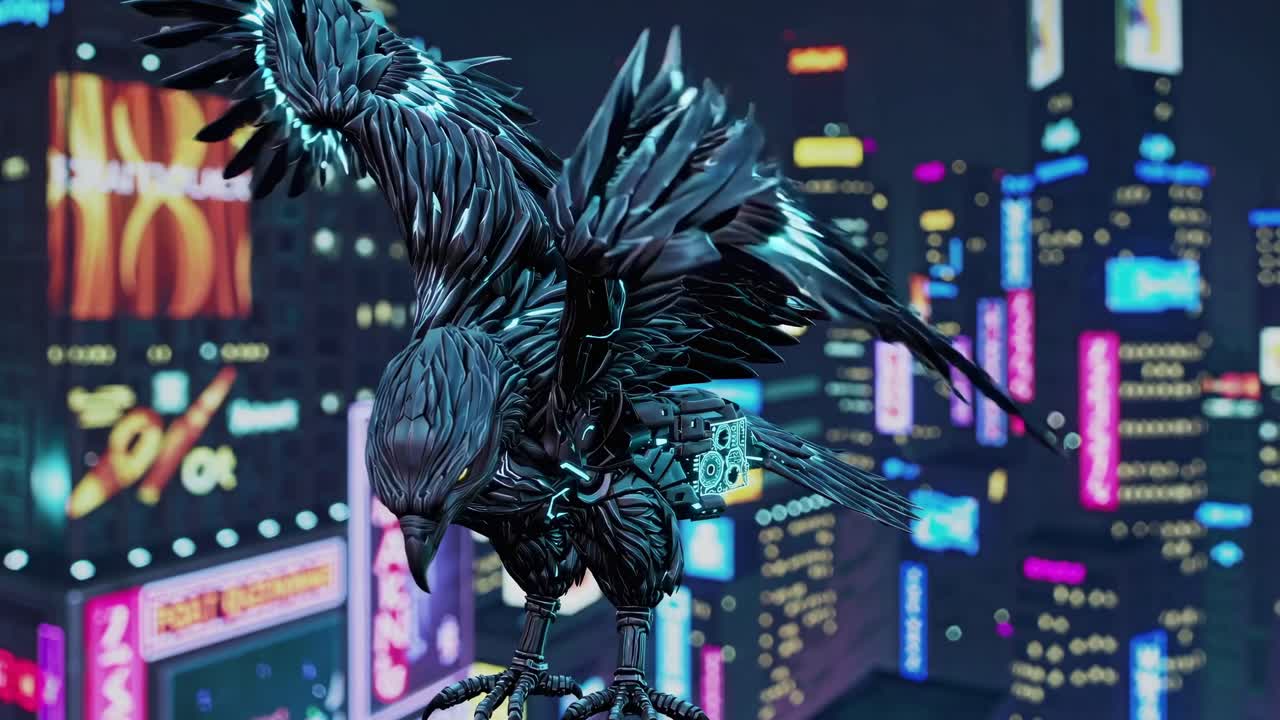 Mechanical Eagle in a Cyberpunk City