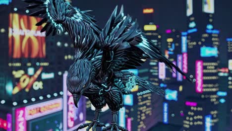 mechanical eagle in a cyberpunk city
