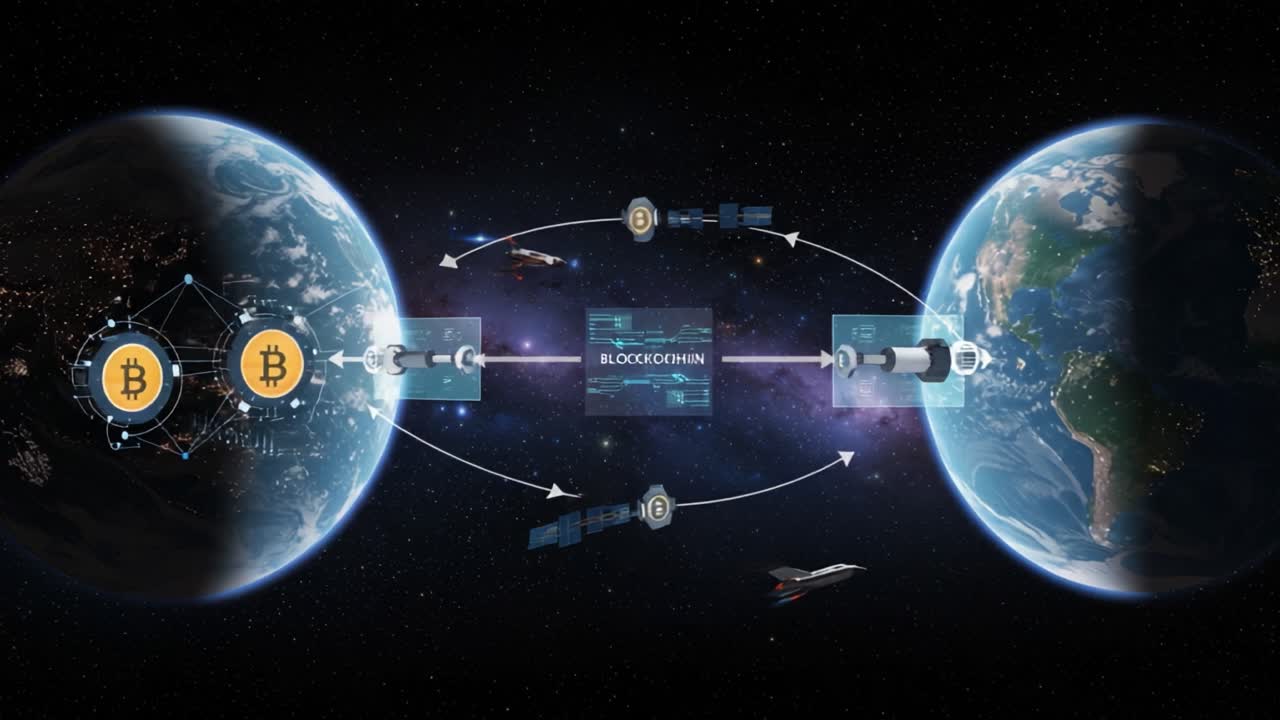 Visuel repræsentation af Blockchain-teknologi, der forbinder to jordkloder med satellitter og kryptovalutatransaktioner i rummet