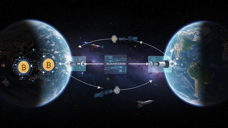 Visual Representation of Blockchain Technology Connecting Two Earths with Satellites and Cryptocurrency Transactions in Space