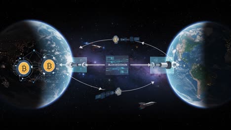 visual representation of blockchain technology connecting two earths with satellites and cryptocurrency transactions in space