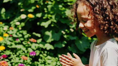 a child explores and gardens among colorful flowers in a sunny outdoor setting