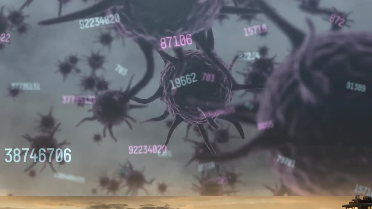 空の雲を背景に、変化する複数の数字と浮かぶ新型コロナウイルス細胞。