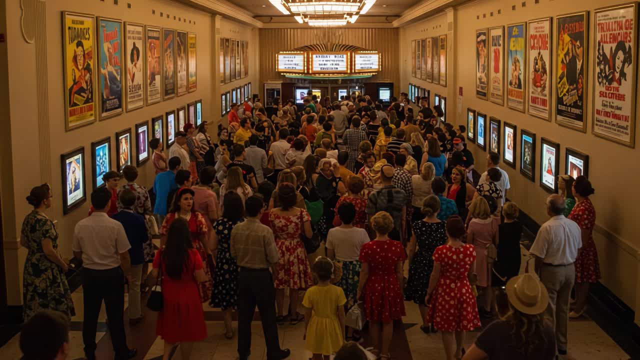 A Vibrant Crowd Gathered at a Historic Movie Theater, Capturing the Essence of Movie Night with Colorful Outfits and Classic Film Posters on Display