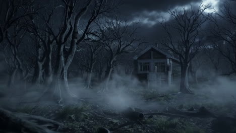 mysterious cabin in a foggy dark forest