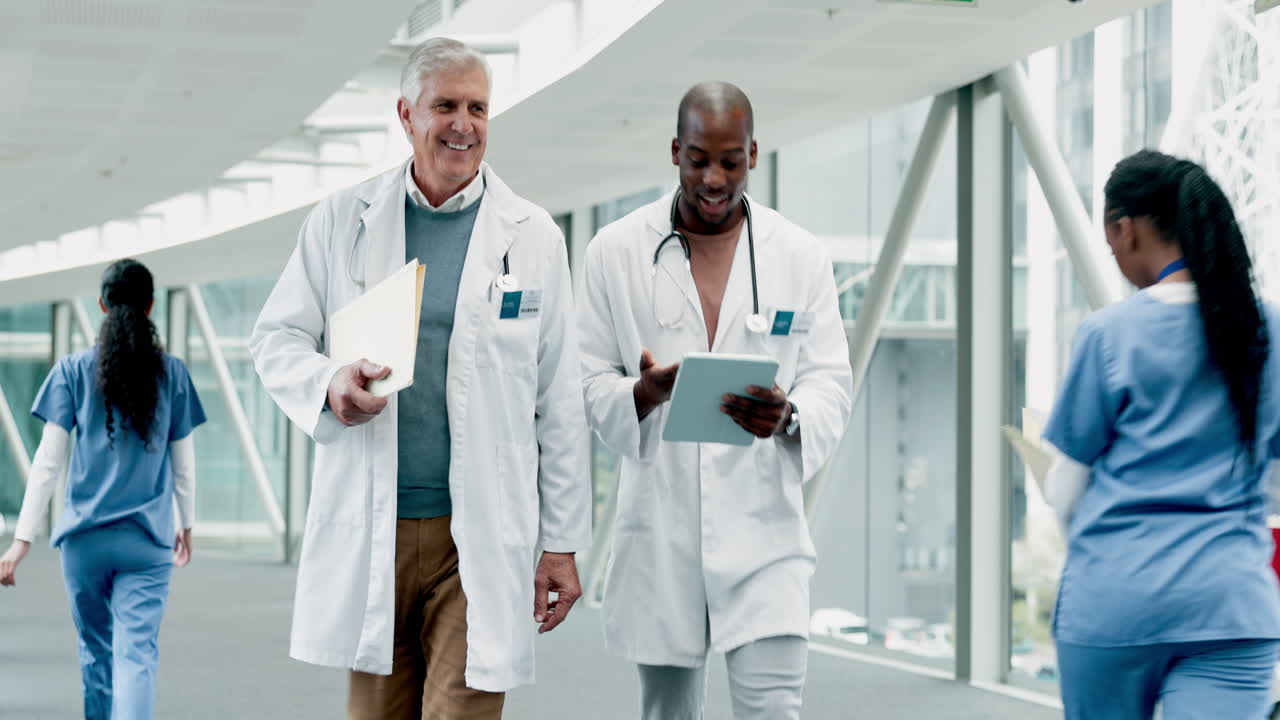 Walk, healthcare and doctors with a tablet