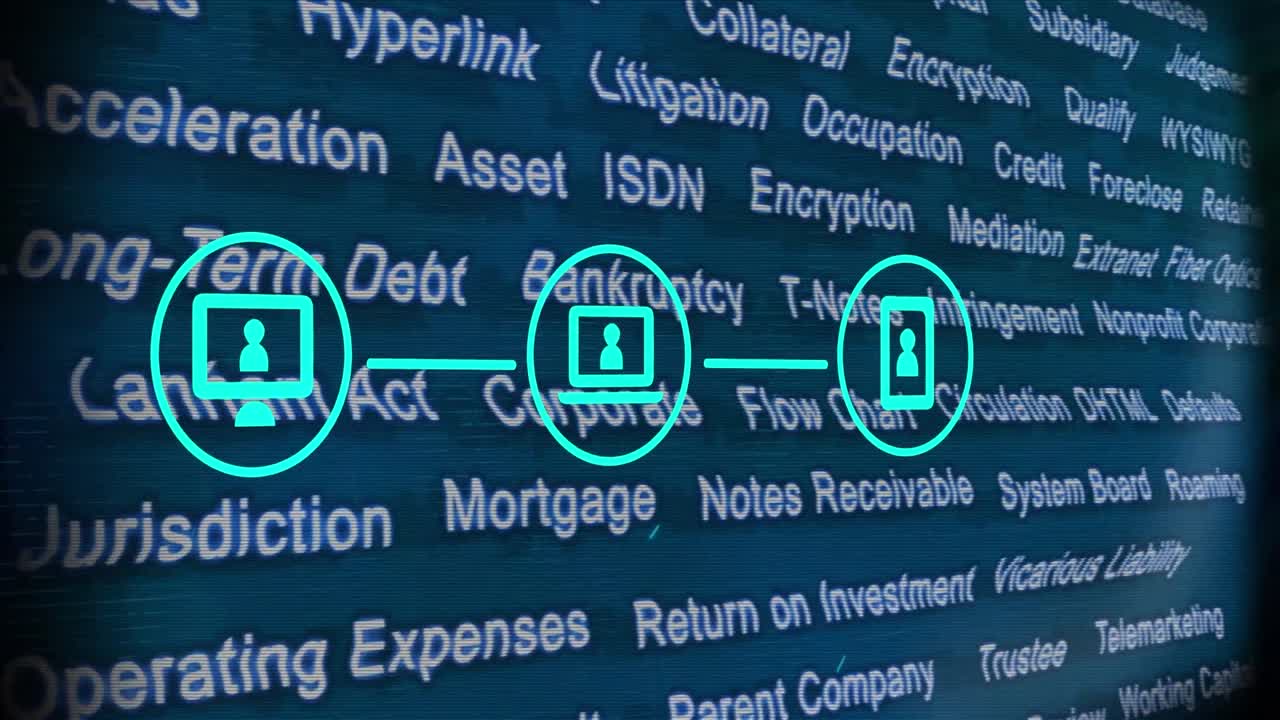 Animation of network of digital icons over multiple business concept texts against blue background