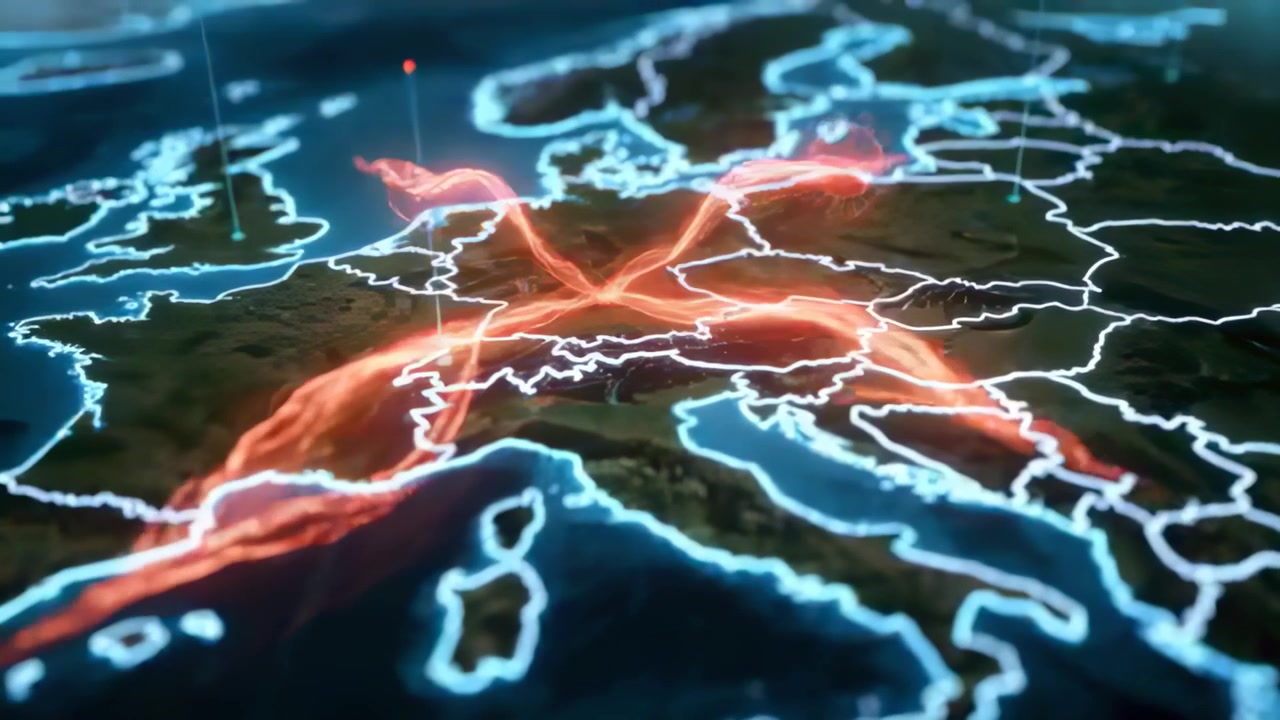 Appearing hubs pulsing and forming orange ribbons across 3D Europe map linking nodes, neon borders