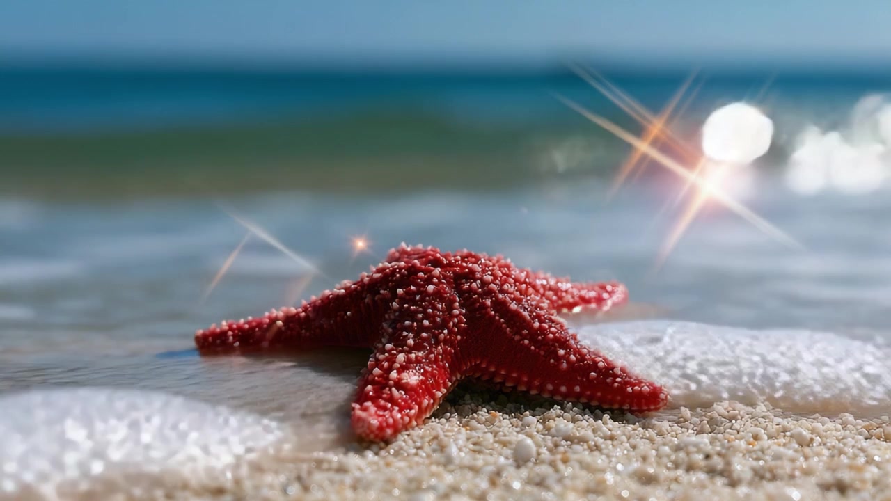 Una vivace stella marina rossa fotografata su una spiaggia sabbiosa con onde delicate sullo sfondo, che evidenzia la bellezza della vita marina e del paesaggio costiero