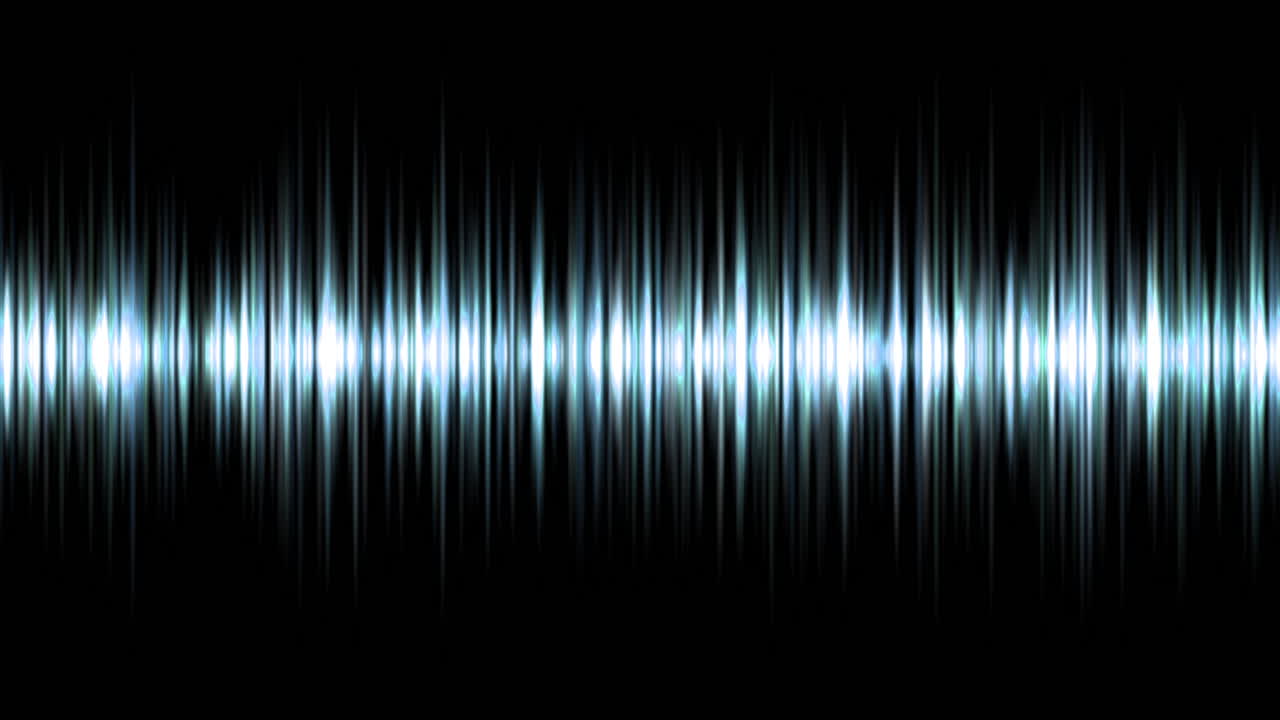 A vibrant Cyan Blue audio waveform pulsates against a deep black background. 4K with glowing vertical bars reacting to sound frequencies, perfect for music visualizer, podcast intros