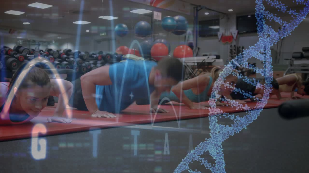 Five exercisers performing push-ups on red mats on coach cue for fitness with DNA overlay appearing