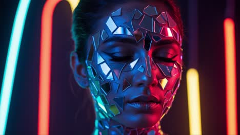 a captivating portrait of a woman adorned with reflective, fragmented facial designs, illuminated by vibrant neon lights in a stunningly surreal environment