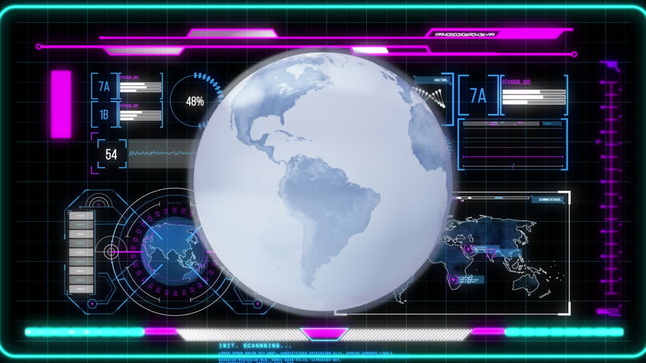 hud 인터페이스 홀로그램 디지털 데이터의 요소에 대해 회전하는 디지털 글로브의 애니메이션