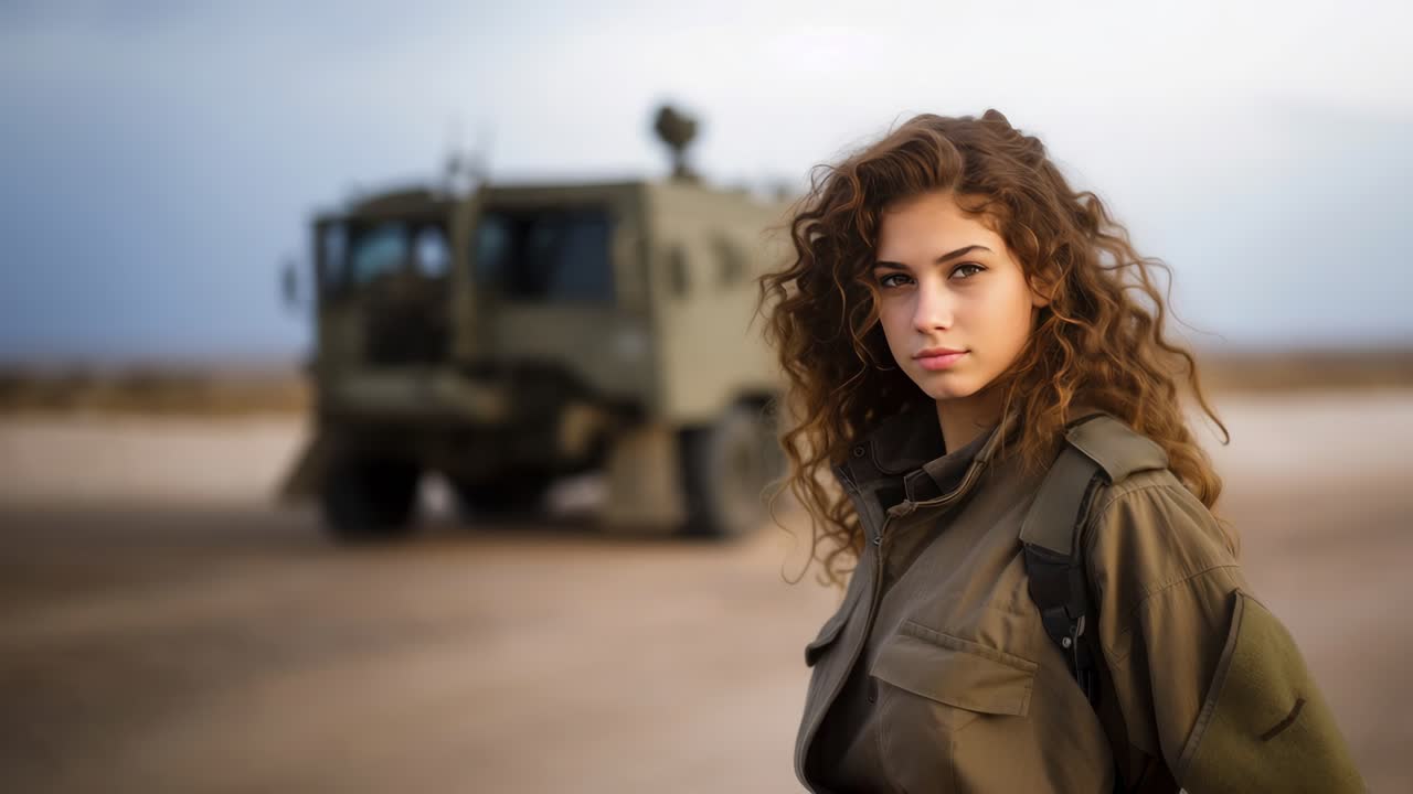 Portrait of a determined young woman wearing military uniform, standing confidently with an armored vehicle blurred in the background, representing strength, duty, and service in the armed forces