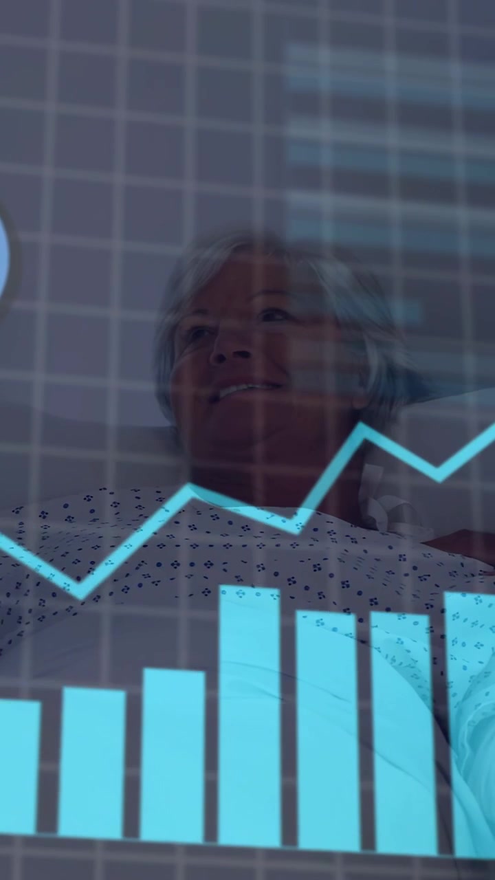 Vertical video: ANALYSING label starting medical overlay, patient raising hand into charts, smiling