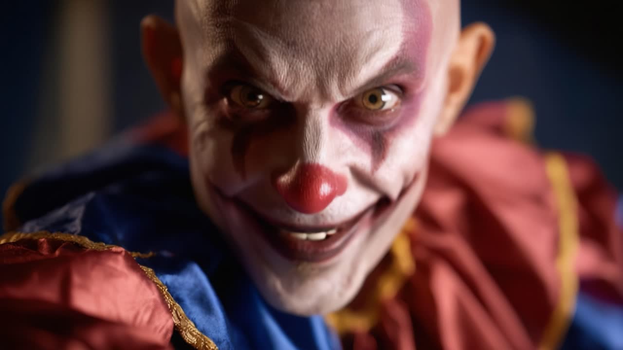 Sinister Clown Revealed: From Menacing Gaze to Eerie Grin in an Unforgettable Transformation Captured in Two Striking Frames of Emotion and Expression