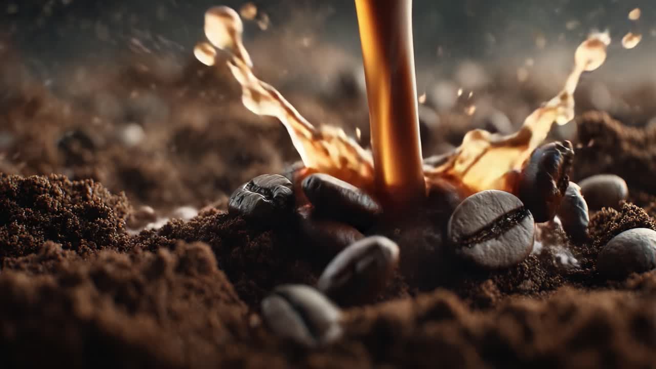 A Rich, Visual Journey of Coffee Creation: Pouring Aromatic Brew Over Ground Beans, Capturing the Essence of Freshness and Flavor in Every Drop, Enhancing the Brewing Experience