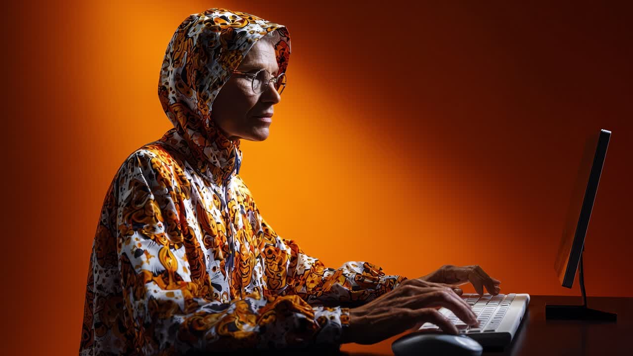 Focused individual working on a computer in a colorful patterned hoodie against an orange backdrop, showcasing dedication and creativity in a modern workspace