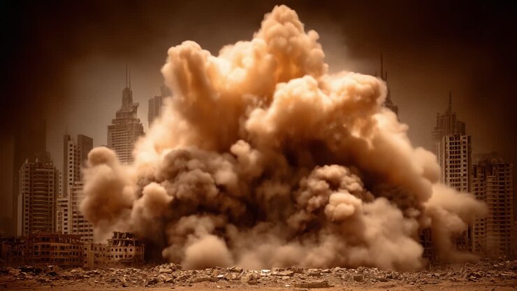 A Powerful Explosion Rips Through a Deteriorating Urban Landscape, Creating a Massive Cloud of Dust and Debris Against a Backdrop of Skyscrapers